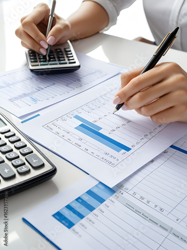 Business woman accountant working audit and calculating expense financial annual financial report balance sheet statement, doing finance making notes on paper checking document.