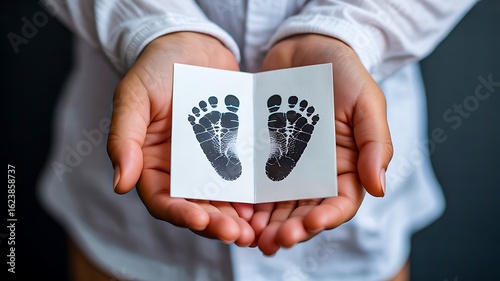 Hands holding baby footprints on white paper