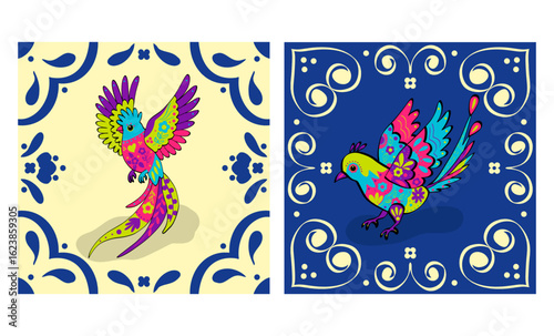 Colorful Alebrije Birds – Mexican Decorative Folk Art 
quetzal, motmot birds Set of two hand-drawn Mexican folk birds in alebrije style, illustrated with vivid floral patterns 
