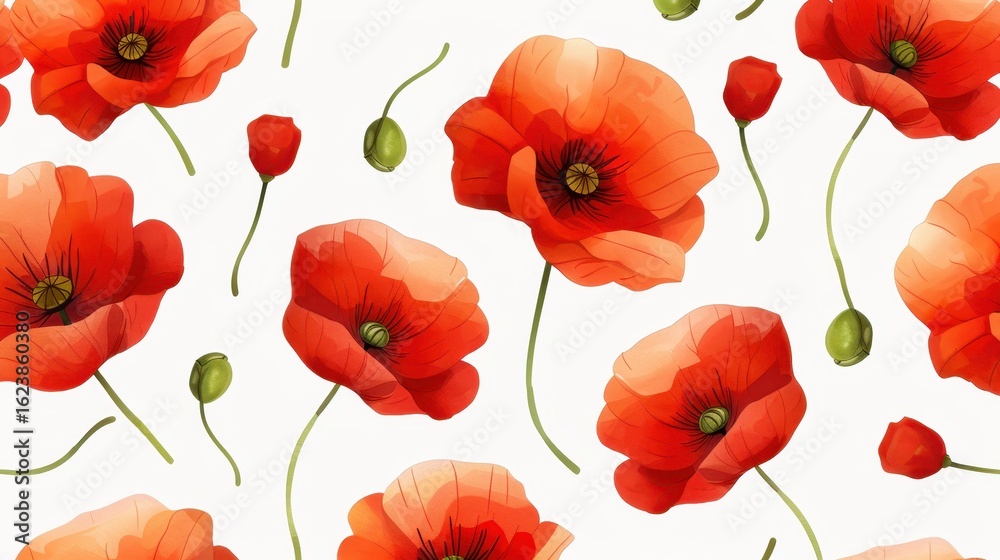Obraz premium Bright red poppies in a seamless watercolor pattern, perfect for vibrant designs on a clean background.