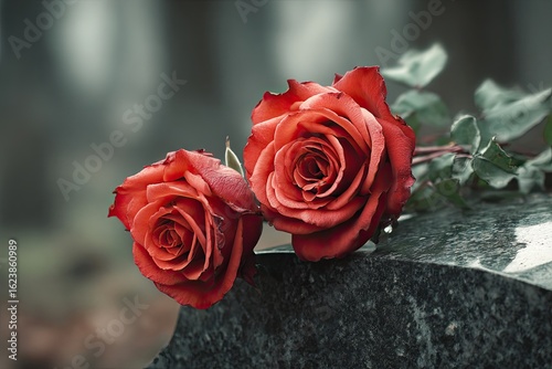 Fototapeta Naklejka Na Ścianę i Meble -  Two vibrant orange-red roses rest on a dark grey, possibly granite, gravestone in a blurred, somber outdoor setting