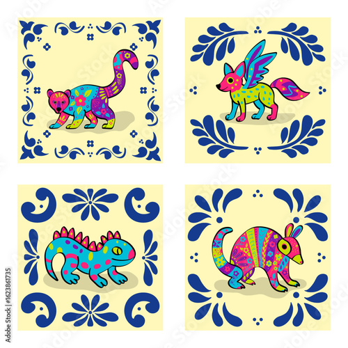Cute Alebrije Animals – Mexican Folk Art
Featuring fantasy versions of a coati, fox, armadillo, and iguana, each decorated with traditional otomi Mexican motifs and set in stylized tile borders.
