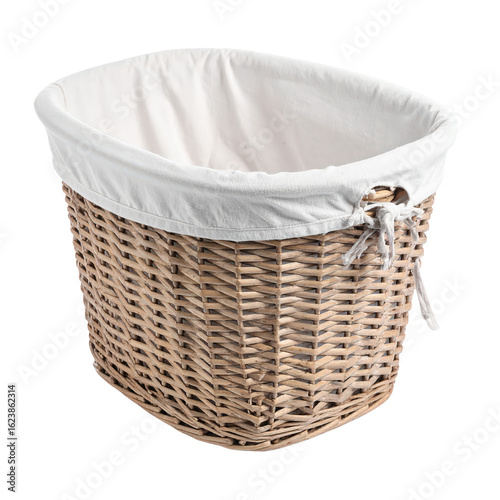 Wicker laundry basket with white fabric lining and drawst closure, versatile storage container for clothes and household organization, lightweight and durable