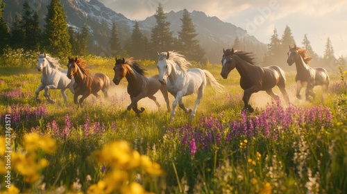 A dynamic shot of seven horses running through a wildflower meadow during festive season