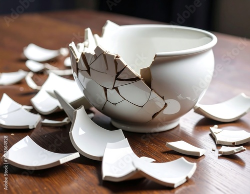 Broken white bowl on wooden table