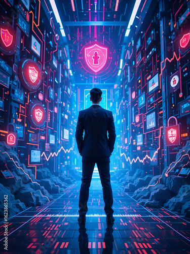 A Chief Information Security Officer (CISO) standing in a futuristic cyber landscape surrounded by digital shields, locks, and fluctuating graphs. The CISO monitors market volatility and cybersecurity