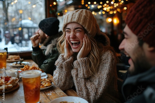 group of friends gathers cozy cafe, bursting into laughter One covers their mouth, trying not laugh after playful prank warm setting enhances joyful atmosphere