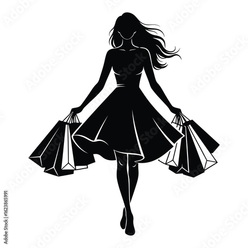 Silhouette black vector woman with shopping bags in black silhouette isolated on white background