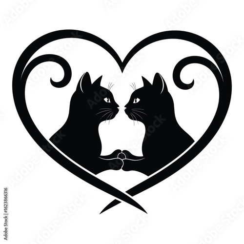 Silhouette black vector two black cats in a heart shape isolated on white background