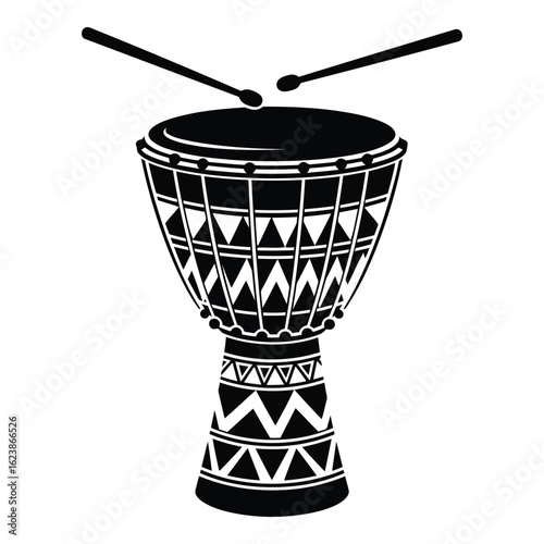 Silhouette black vector djembe drum with sticks, isolated on white background