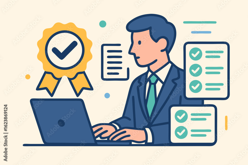 Vector illustration of a businessman using a laptop with checklists and a certification badge symbolizing quality assurance. Concept of compliance, task completion and professional standards
Vector illustration of a businessman using a laptop with checklists and a certification badge symbolizing quality assurance. Concept of compliance, task completion and professional standards