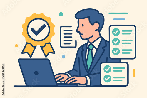 Vector illustration of a businessman using a laptop with checklists and a certification badge symbolizing quality assurance. Concept of compliance, task completion and professional standards
