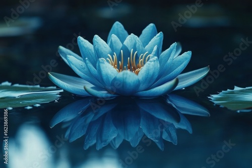 Blue Lotus Flower on Water with Reflection, Tranquil Nature, Calm, and Serene Photography