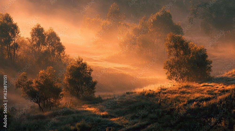 Fototapeta premium Misty sunrise valley landscape