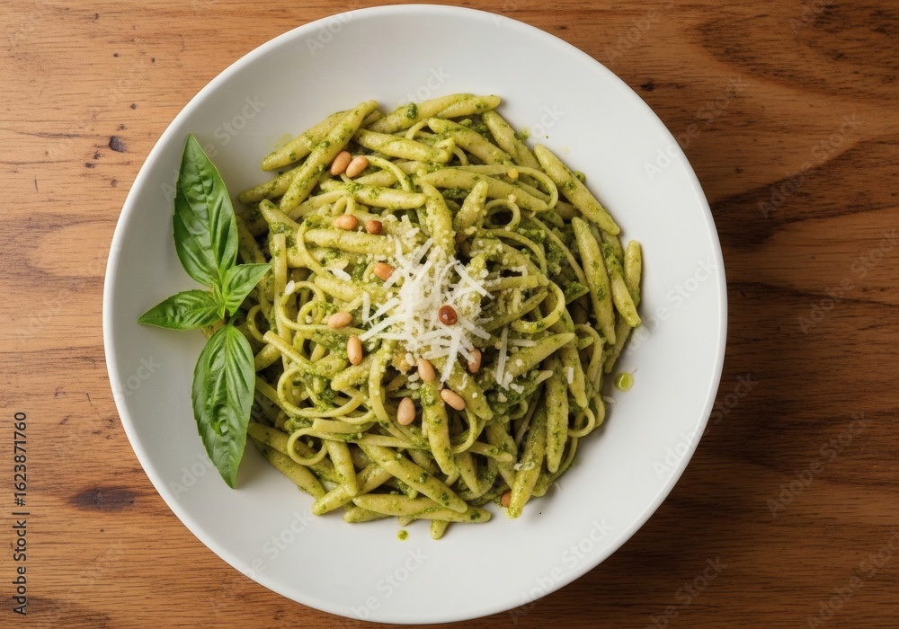 Authentic Italian Trofie al Pesto in a White Bowl, Top-Down View Authentic Italian Trofie al Pesto in a White Bowl, Top-Down View