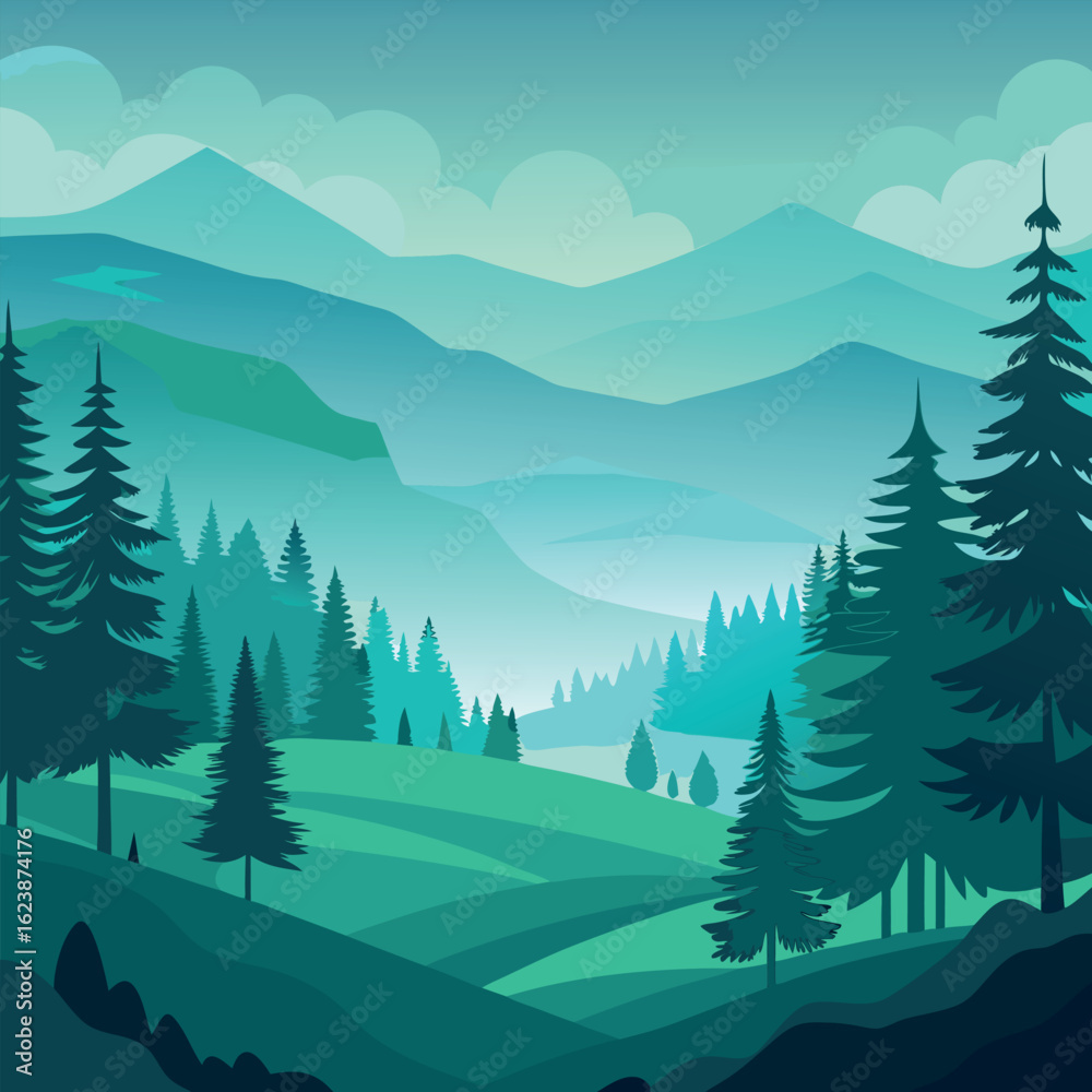 Fototapeta premium Photo of serene mountain landscape with rolling green hills and pine forest under a blue sky with clouds
