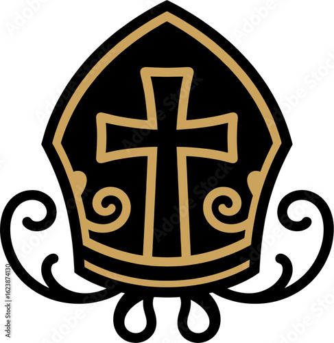 Elegant Gold and Black Bishop Mitre with Artistic Cross and Swirl Ornaments – Religious Vector Emblem