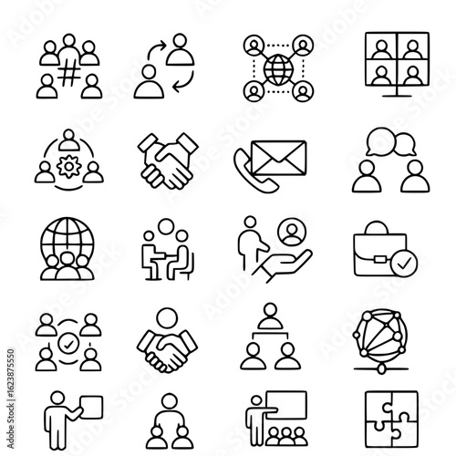 Business Teamwork and Communication Outline Icons Set