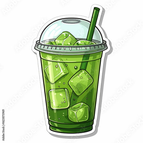 Vibrant cartoon illustration of a refreshing iced green tea or matcha latte in a takeaway cup with a dome lid and straw.