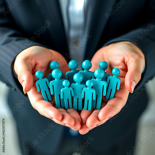 Hands gently hold teal human icons representing valuable team. Protecting employees shows care, retention within large organization. Importance of employee well-being, nurturing potential. Strategic
