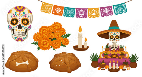 Illustration of day of the dead elements including skull bread flowers and a skeleton altar scene