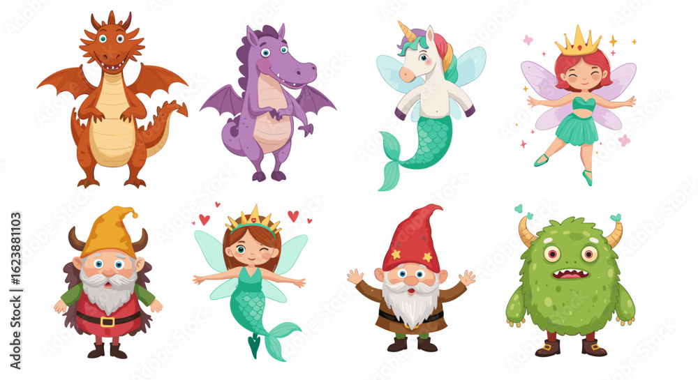 Fototapeta premium Illustration featuring a collection of mythical creatures and fantasy characters in vibrant colors and designs