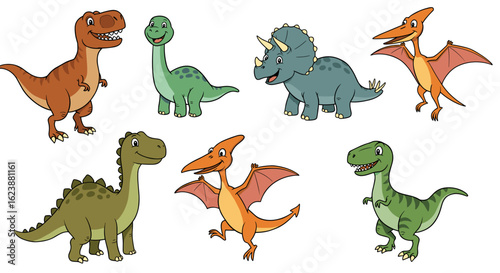 Collection of cartoon dinosaurs including tyrannosaurus rex triceratops and pterodactyls in various poses