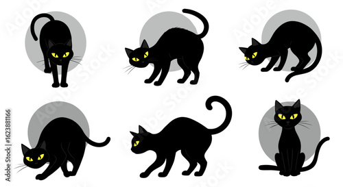 Collection of six black cats in various poses with yellow eyes and gray oval backgrounds on white space