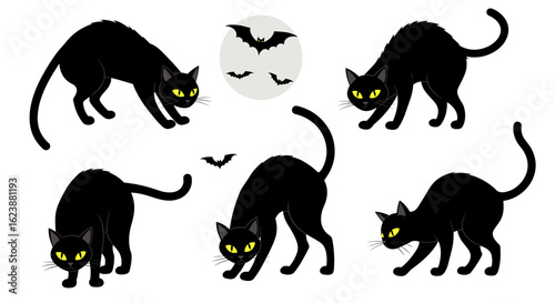 Various black cats with arched backs and yellow eyes along with bats in a halloween themed image