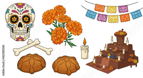 Illustration of day of the dead elements including sugar skull, marigolds, pan de muerto and altar scene