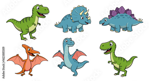 Illustration of six cartoon dinosaurs including t rex triceratops stegosaurus and pterodactyl species