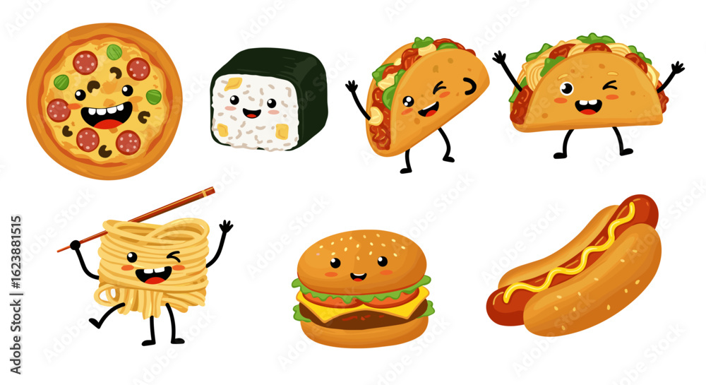 Obraz premium Cartoon food characters including pizza sushi tacos noodles burger and hotdog on a white background