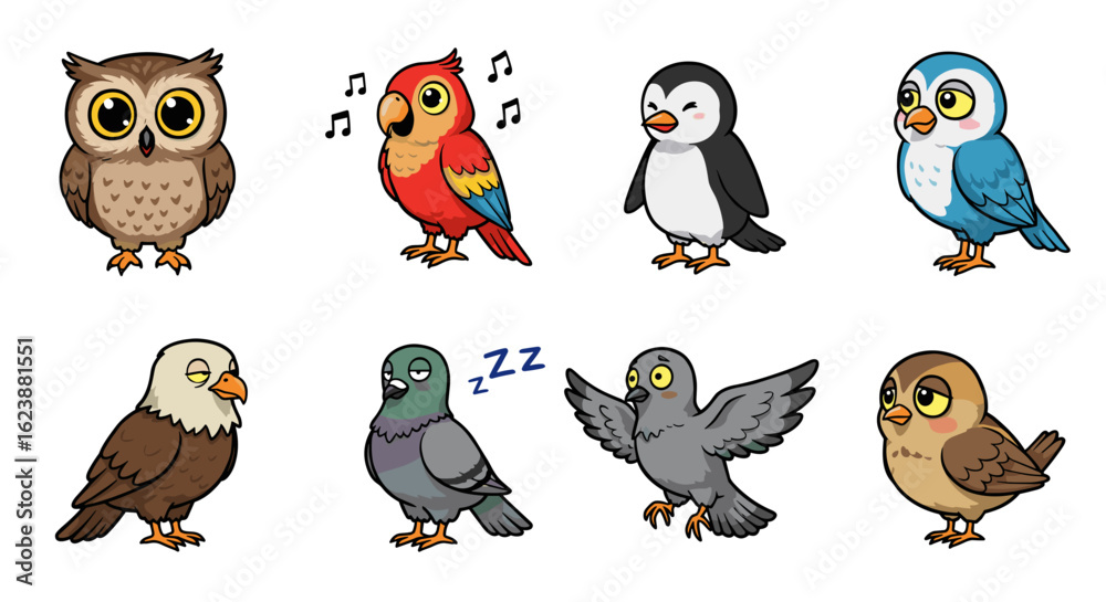 Obraz premium Cartoon illustration featuring eight different species of birds including an owl and a parrot and pigeons