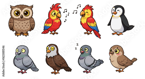 Illustration featuring a collection of eight cartoon birds including owls parrots penguins and pigeons