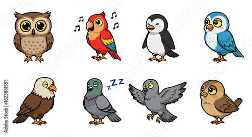 Cartoon illustration featuring eight different species of birds including an owl and a parrot and pigeons