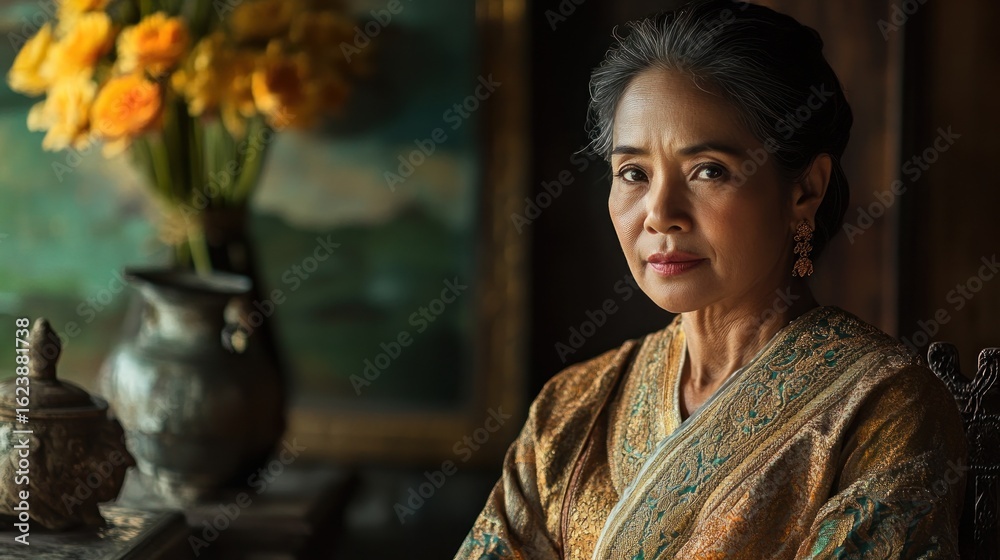 Fototapeta premium Elderly woman in traditional Thai silk robe, antique home, flowers and paintings