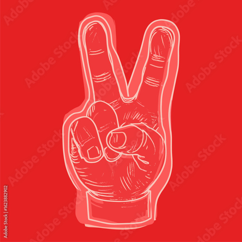 Peace Sign Hand Gesture in Outline Sketch Style on Red Background