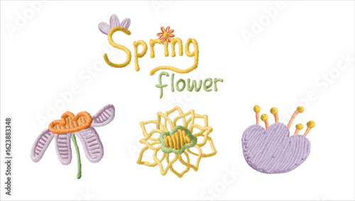 Handcrafted spring floral set with colorful stitched petals in warm tones. Soft fiber texture fits seasonal, child-friendly, and textile-based uses.