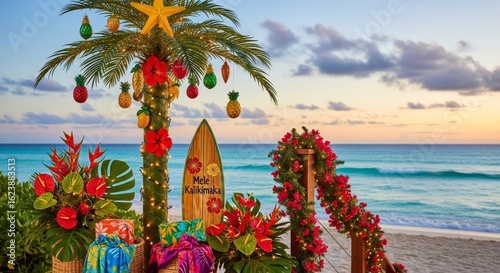 Mele Kalikimaka. Celebrate holidays on sandy beach at sunset. Festive Christmas tree, adorned with hibiscus flowers and pineapple ornaments, gifts, palm trees, glow with lights