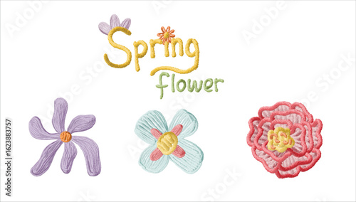 Detailed embroidered flowers in red, teal, and purple thread. Suitable for spring themes, DIY elements, and creative textile-based compositions.