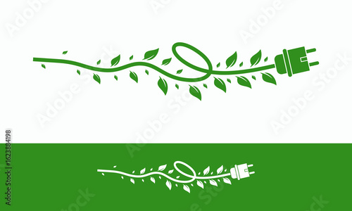 Green energy electricity, electric plug icon sign with cable and leaf vector Illustration