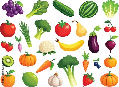 A vibrant collection of fresh fruits and vegetables including apples grapes broccoli carrots and watermelon isolated on transparent background