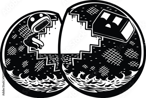 Abstract surreal black and white illustration of a creature emerging from an egg with stairs and waves isolated on transparent background