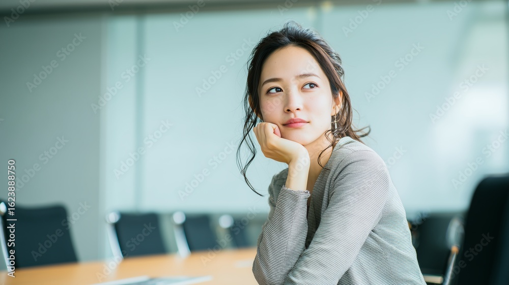 考え事をする女性社員 考え事をする女性社員