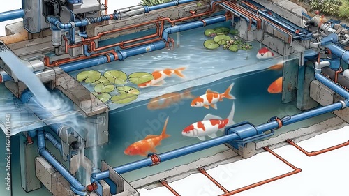 Detailed Diagram of a Modern Koi Pond System:  A Technical Illustration Showcasing the Intricate Network of Pipes, Pumps, and Filtration Mechanisms