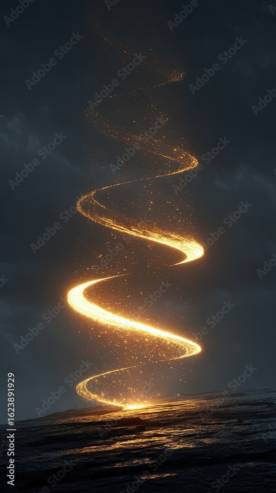 Obraz premium Brilliant golden spiral of sparkling light particles ascends from dark rugged ground under a cloudy sky