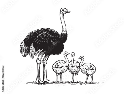 Elegant vector illustration of an ostrich family, ideal for wildlife and nature designs.