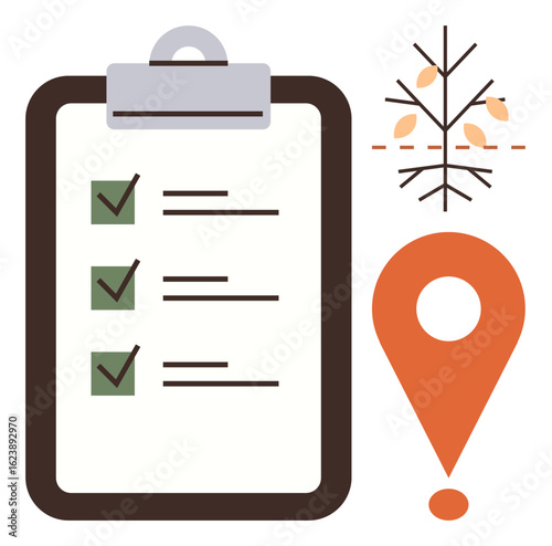 Clipboard with completed checklist, barren tree shedding leaves, orange map pin. Ideal for organization, planning, environment, seasonal tasks, project management productivity simplicity. Minimal