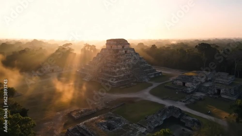 Ek balam mayan ruins at sunrise, yucatan, mexico, showcasing the ancient civilizations architecture and cultural heritage amidst the lush jungle landscape