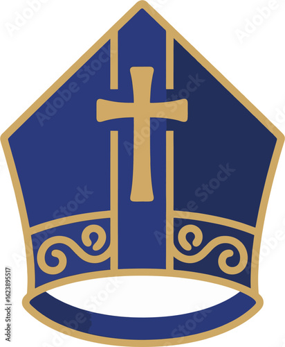 Blue and Gold Bishop Mitre Vector Illustration with Cross and Ornamental Details – Minimalist Religious Headwear Icon